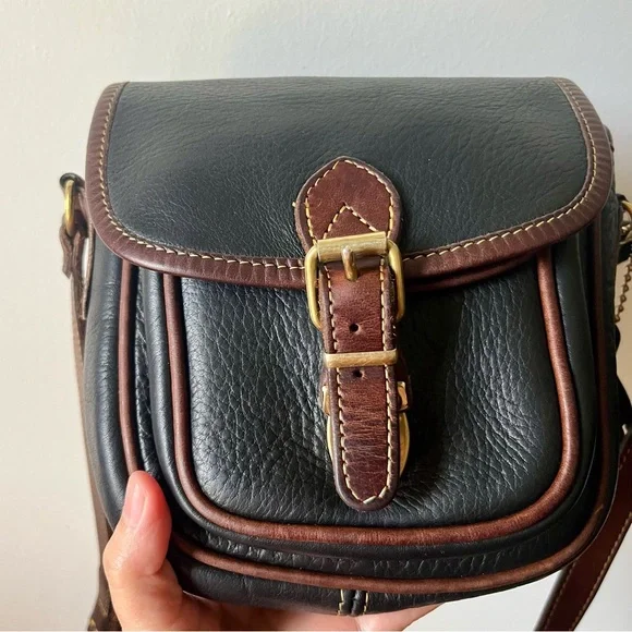 Vintage Roots Saddle Black Leather Crossbody with Brown Trim and Brass Buckle - Picture 2 of 11